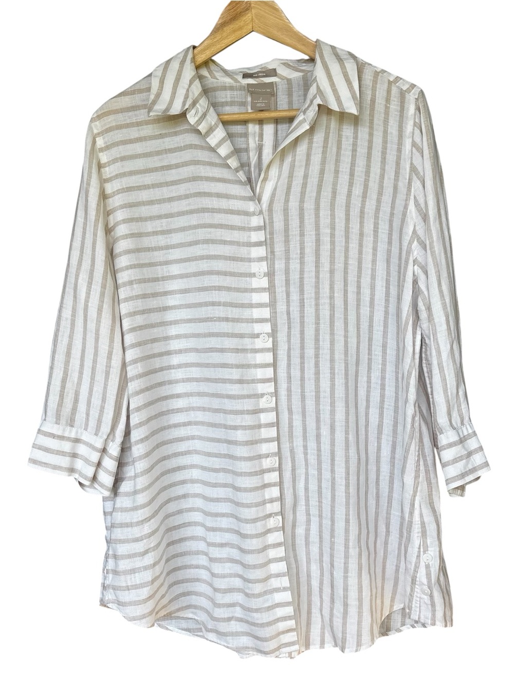Chico's Linen Top Women’s Sz 2 Button Lagenlook Coastal Quiet Luxury US 12/14